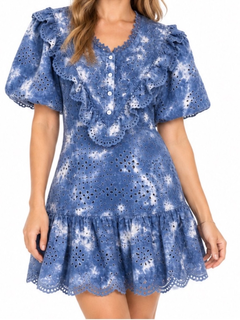 LoveShackFancy Blue Tie Dye Eyelet Ruffle Mini Dress Women’s Size 10 Cotton